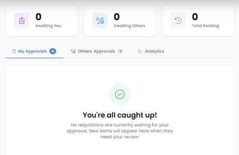 MainStem approvals dashboard showing no pending approval requests
